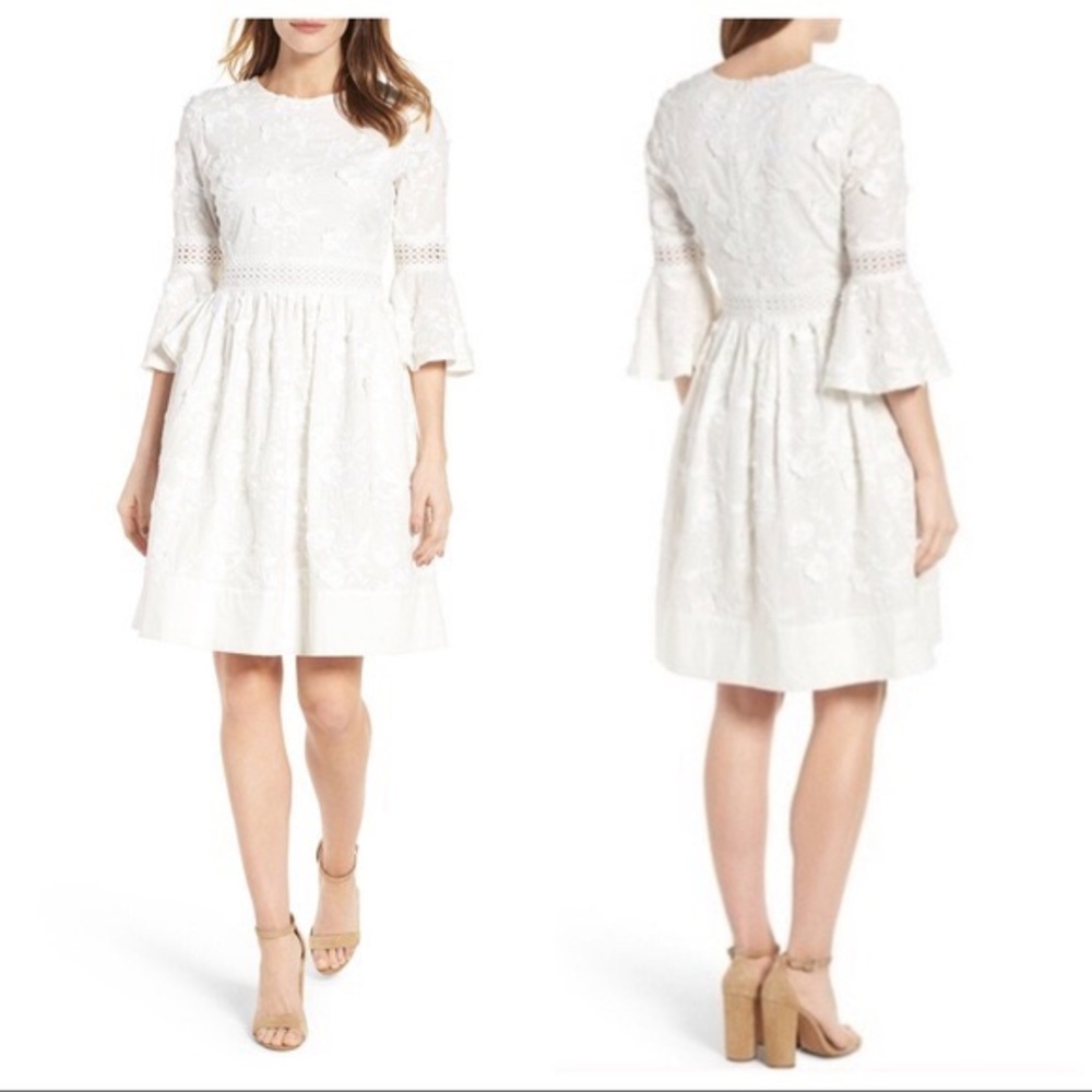Eliza J white embroidered floral bell sleeve dress